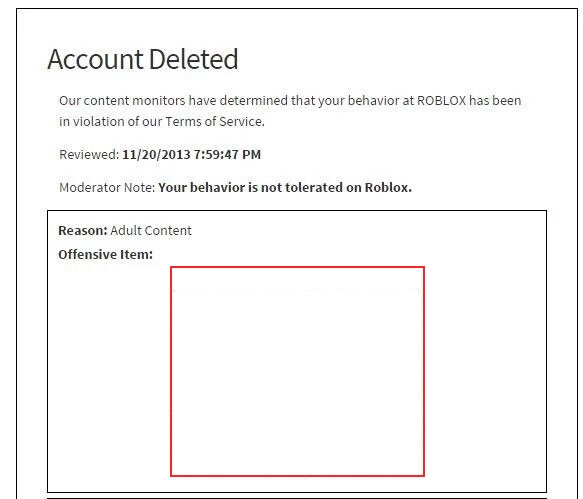 offensive item roblox account deleted